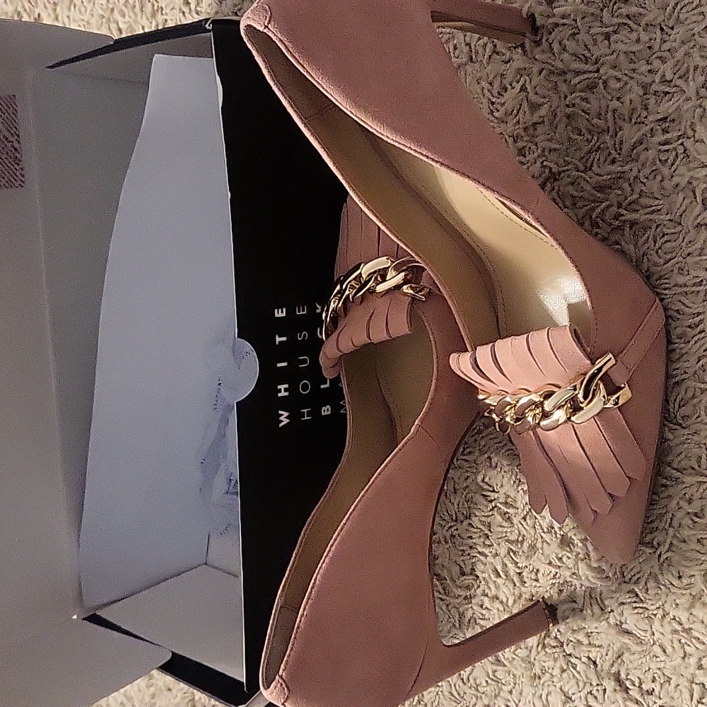 WHBM Olivia Fringe Pink Gold chain pink heel. Winter Bloom